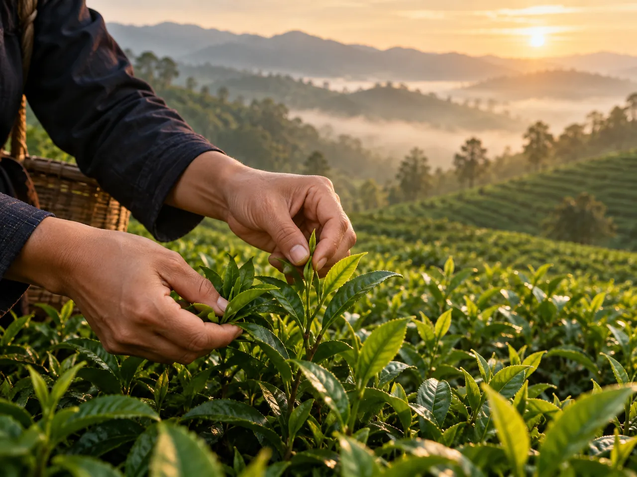 Hình minh họa bàn tay hái búp trà trên đồi; chưa phải ảnh tư liệu thực tế Tân Cương