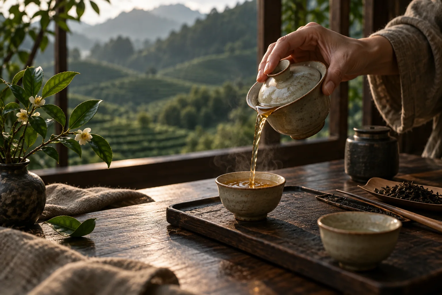 Tĩnh vật minh họa chén trà và không gian thưởng trà
