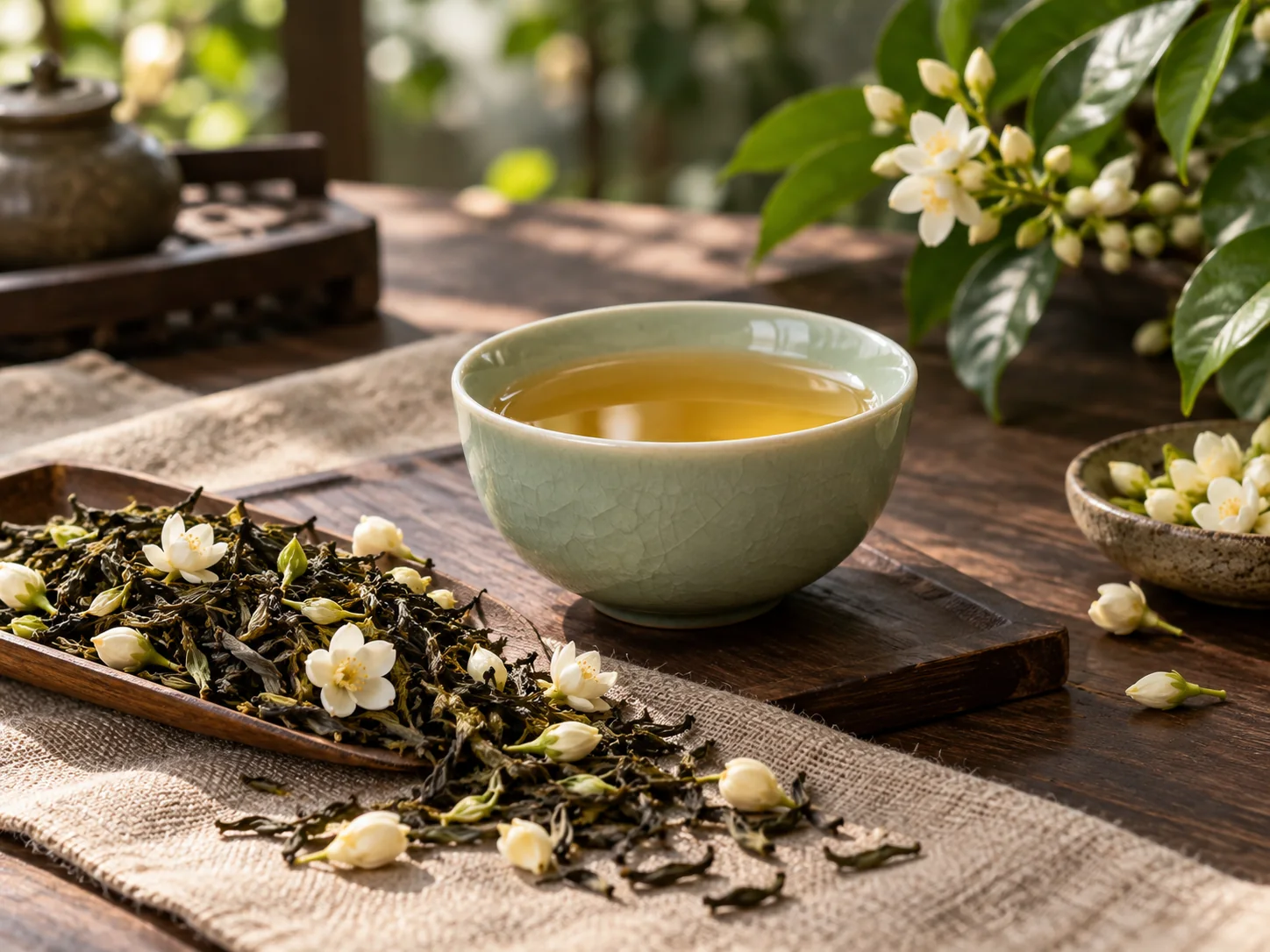 Ảnh minh họa chén trà cùng lá trà và những bông hoa trắng