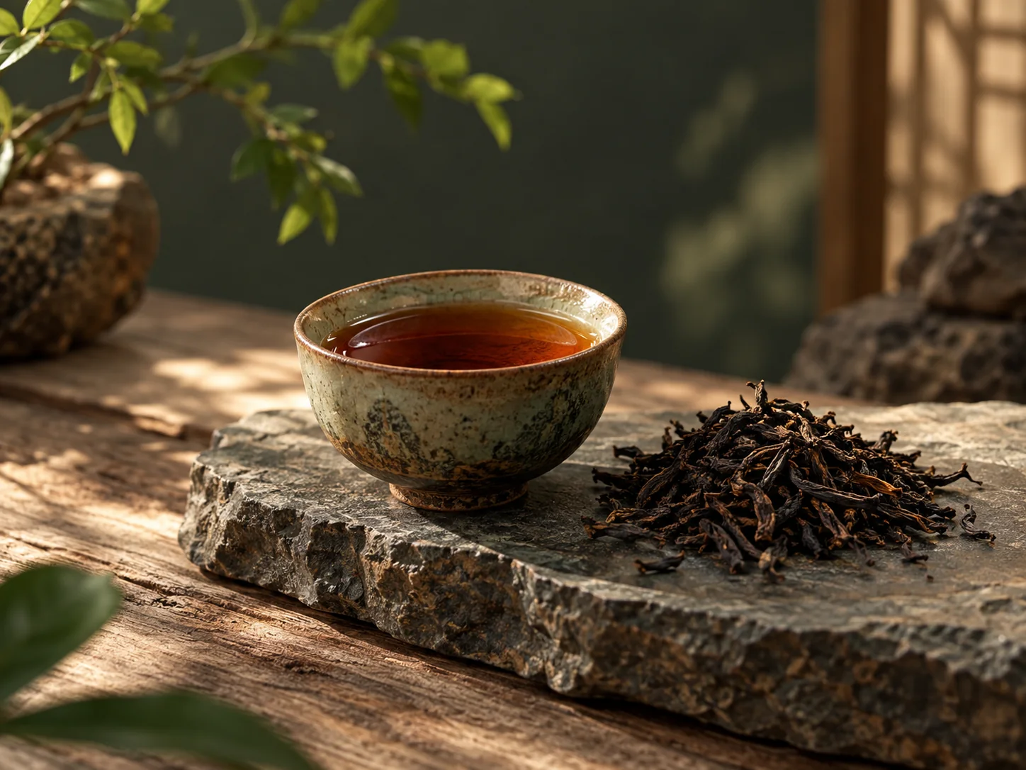 Ảnh minh họa chén trà màu hổ phách bên lá trà lên men