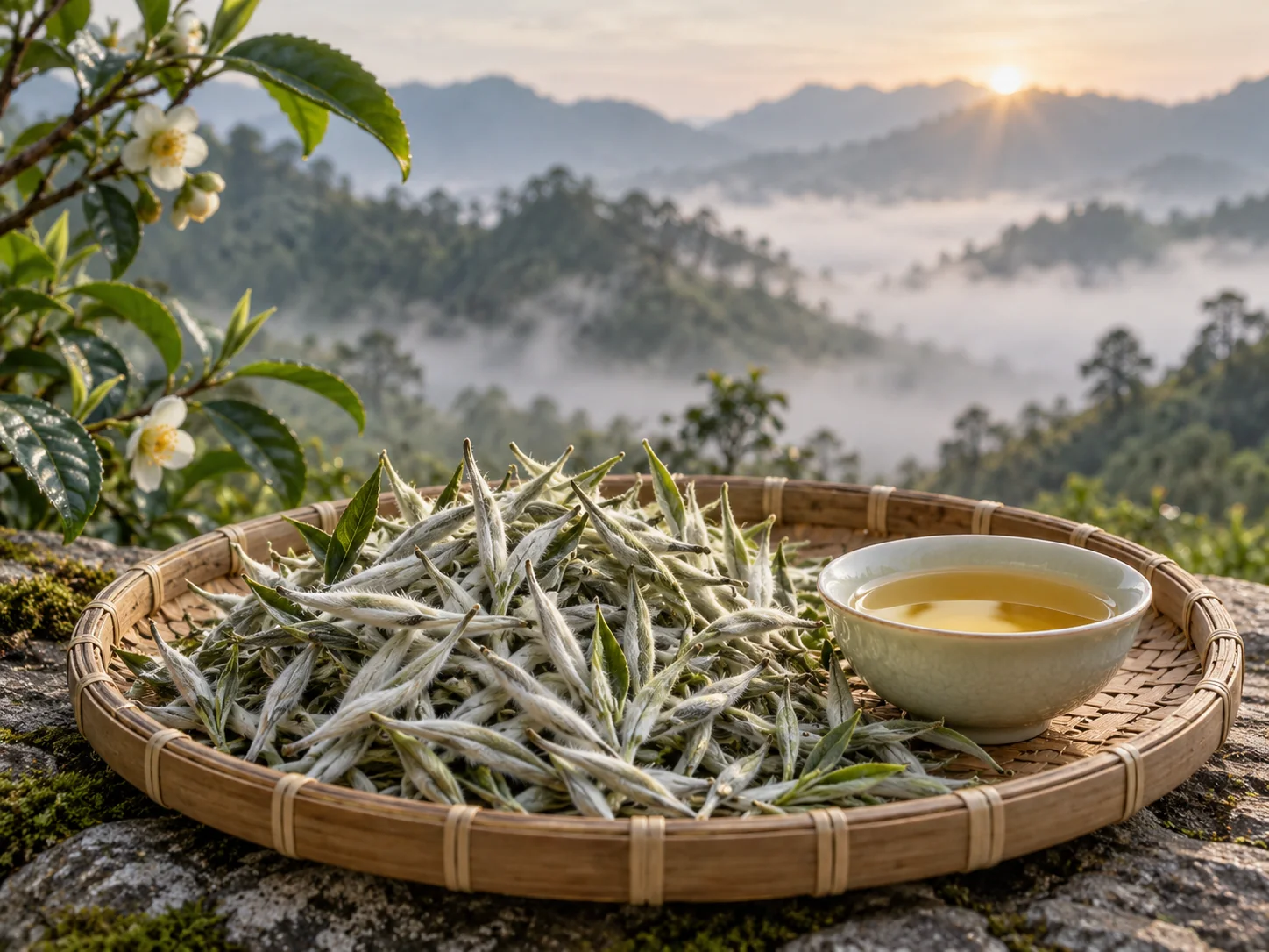 Ảnh minh họa những búp trà phủ lông tơ bạc trong mẹt tre