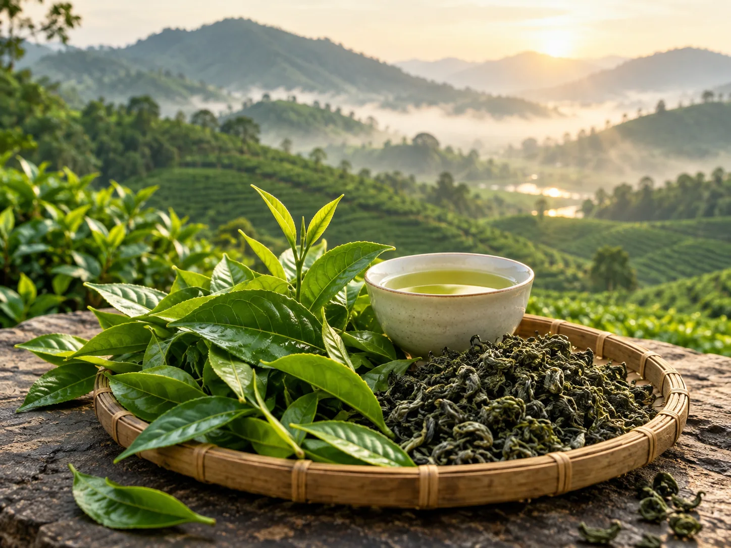 Ảnh minh họa trà xanh, búp trà và khung cảnh đồi trà